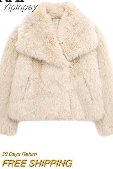 Yipinpay 2023 Faux Fur Coat Women Cropped Fluffy Jacket For Women Beige Winter Women's Cold Coat Long Sleeve Warm Heavy Jackets